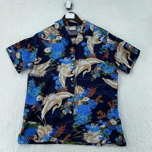 Go Barefoot Shirt Mens Small Blue Navy Hawaiian Aloha Crane Floral Made USA